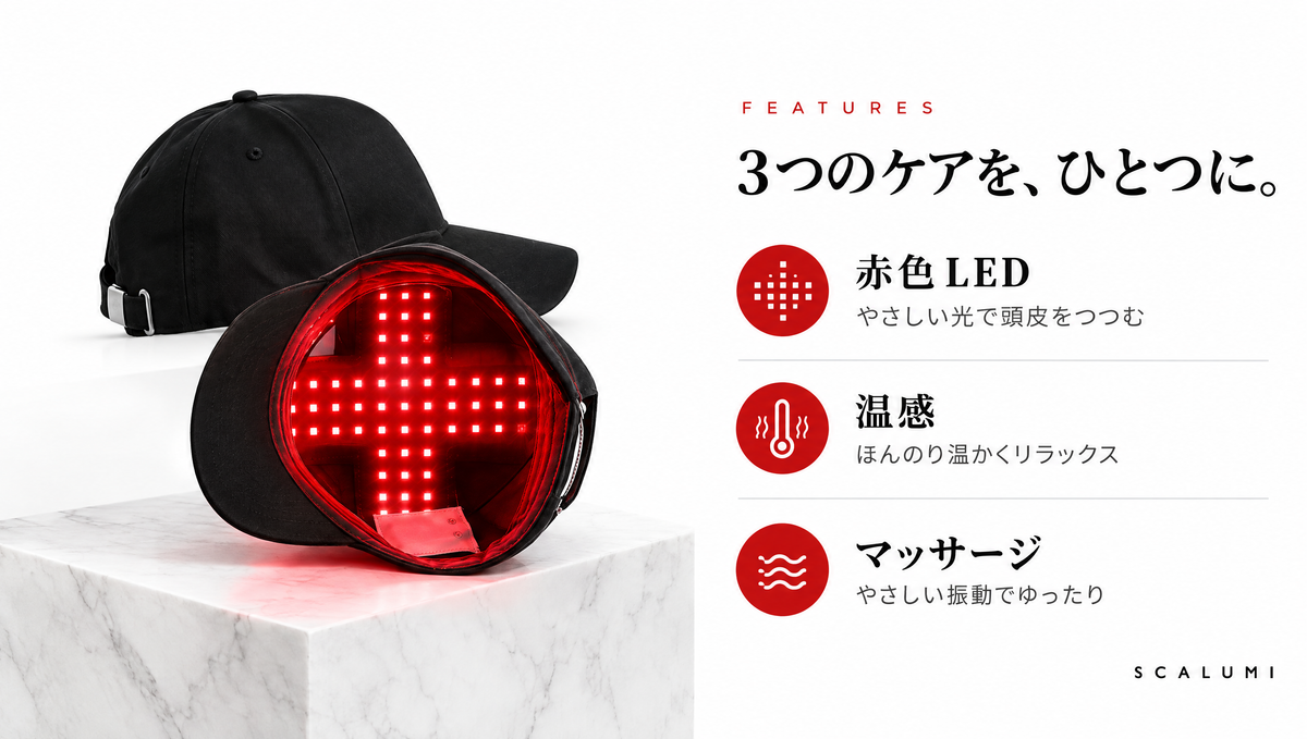 3つのケアを、ひとつに。赤色LED・温感・マッサージ